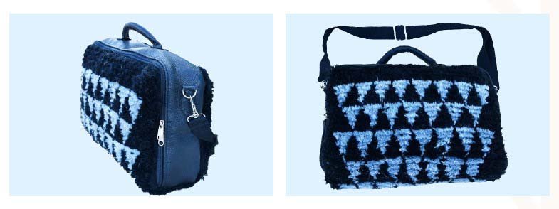 Sac ordinateur motif triangles bleus, vue de côté